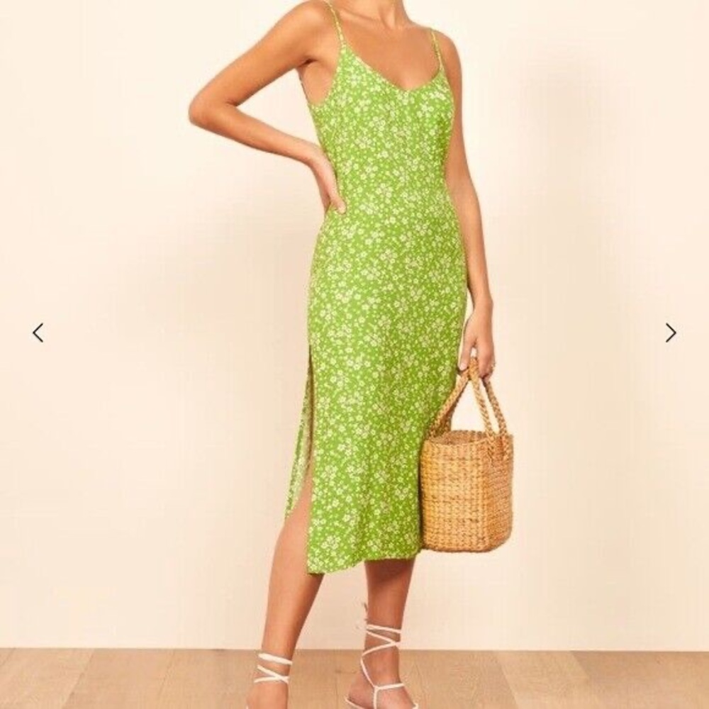 Reformation Halsten Slip Dress in Elle Green & White Floral Print with High Slit